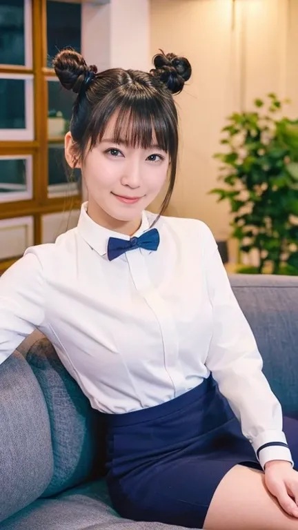  female 1 person, beauty, 20th generation，(two-bun-hairstyle:1.3) ,  detailed face、 small glasses , beautiful face,smile, black suit 、 miniskirt、 white shirt、 black tights、 Hall々A stylish appearance , plump style ,(heavy,   Saggy Breasts 、chest 3 )、(Stand ...