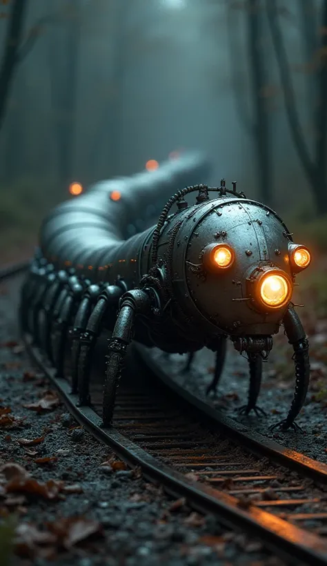 Create a surreal hybrid creature combining a futuristic, sleek train and a centipede. The body of the creature is long and segmented like a centipede, with metallic train-like carriages as each segment. The train’s wheels and tracks are seamlessly integrat...