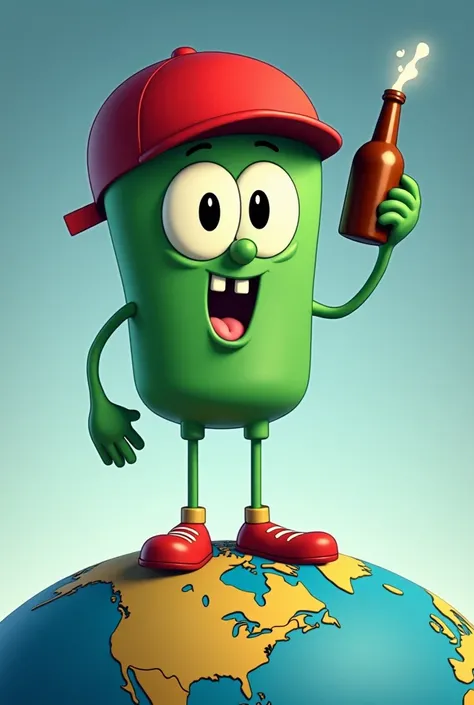 a picture of Plankton with a secret formula bottle in his hand waving it over his head, Standing on a scaled down version of the earth and he is standing on North America. he is wearing a red baseball cap on his head 