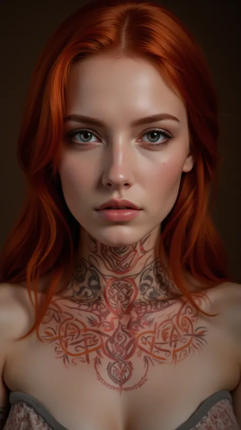 Several Celtic-language tattoos on a red-haired woman's neck 