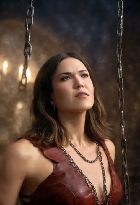 best quality, highres, 8k, masterpiece, photography, detailed midbody photorealistic portrait. Iron Fortitude calls forth Mandy Moore's inner queen of chains. Wearing a crimson leather bustier and matching shorts, she adorns herself with heavy iron cuffs a...