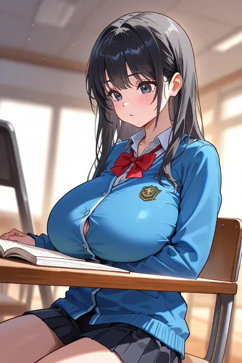 high school girl, black hair, huge tits, セーラー服, studying