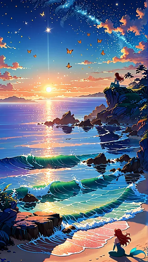 Mermaid shadow 、　realityistic、realityistic、reality、 The main activity is sunrise .、 small plane 、Little Butterfly、 Starry sky and sunrise 、Coastline、 A wonderful butterfly 、 The image shows a little mermaid ,Anime style digital painting horizon landscape ,...