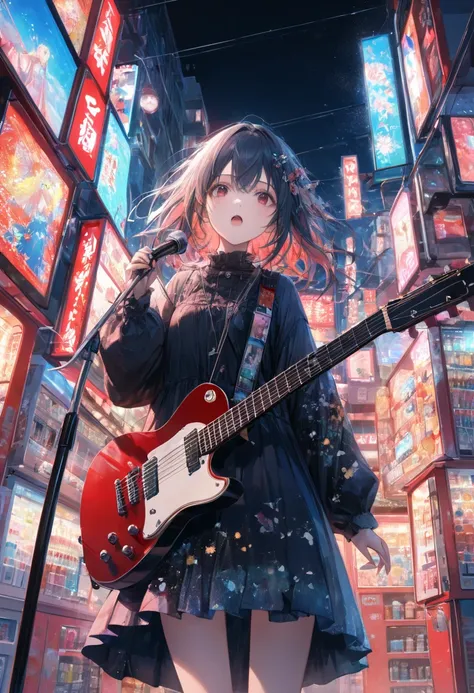  Masterpiece,    singing with a serious expression  ,  top quality,  Alone,girl, one girl,   alone, night，Electric pole，Electric poleから光，Electric poleの下で歌う少女，( Masterpiece,  top quality),(Multiple Exposure : 1.2),
Painted print collage,Solo guitar girl （1....