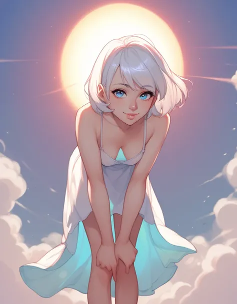 Cute 20 something year old girl, white hair, bob haircut, pastel blue eyes, slightly pointed nose proportional to her face, soft naturally pink lips, small breasts, wearing a loose sun dress, sheer white dress, perfect hands, perfect legs, bare legs, stand...