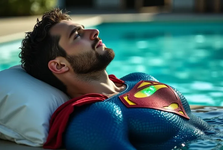 a attractive European Man, ericjanicki, Handsome, short brunette hair, 30 years old, beard, Muscular man rests lying on back in a swimming pool, wears a Superman costume, characterized by a blue suit with a large red and yellow 'S' emblem on the chest, a g...