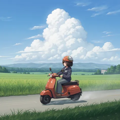 50cc motorcycle driving on country roads、18-year-old girl、jet helmet、The blazing heat of August 、 cumulonimbus clouds rising from the edge of the national highway、 spreading corn fields 