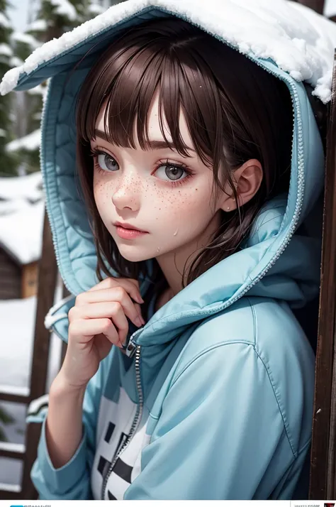 cute woman, dark auburn hair with highlights, freckles, bangs, dimples, short messy hair, Cold abandoned cabin, dark cabin, (wet clothes), (wet tshirt), (cold), (shivering), (wet hair), (soaked), (freezing)