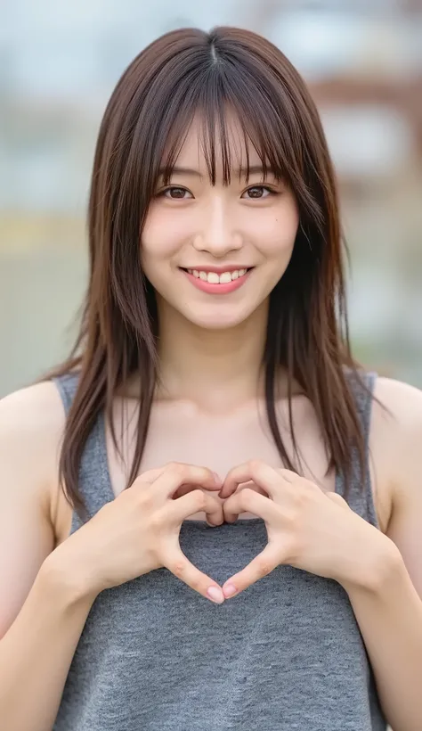  Super Fine、An upshot of her face、She has a smile showing her teeth, wears a camisole, and poses with her hands in the shape of a heart in front of her chest、The background is plain、  high definition、細部にわたって high definition