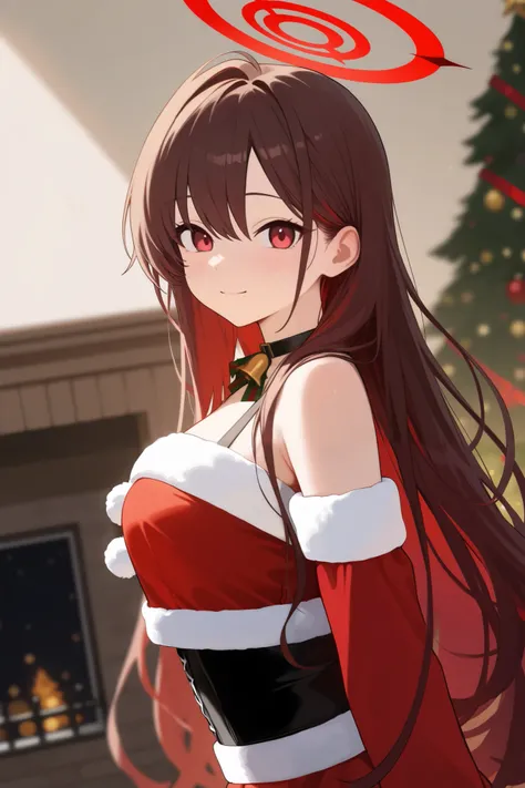 1 girl, Hair length reaches the back, Brown hair and red hair on the edges of the hair, red eyes, but not bright, wear a santa outfit, หน้าอกไซส์ปานกลาง, have a red halo