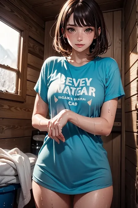 cute woman, dark auburn hair with highlights, freckles, bangs, dimples, short messy hair, Cold abandoned cabin, dark cabin, (wet clothes), (wet tshirt), (cold), (shivering), (wet hair), (soaked), (freezing)