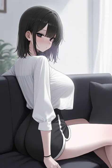 A dark-haired and dark-eyed girl with big boobs and ass, wearing a white blouse and black shorts sitting on the couch with a slightly blushed face