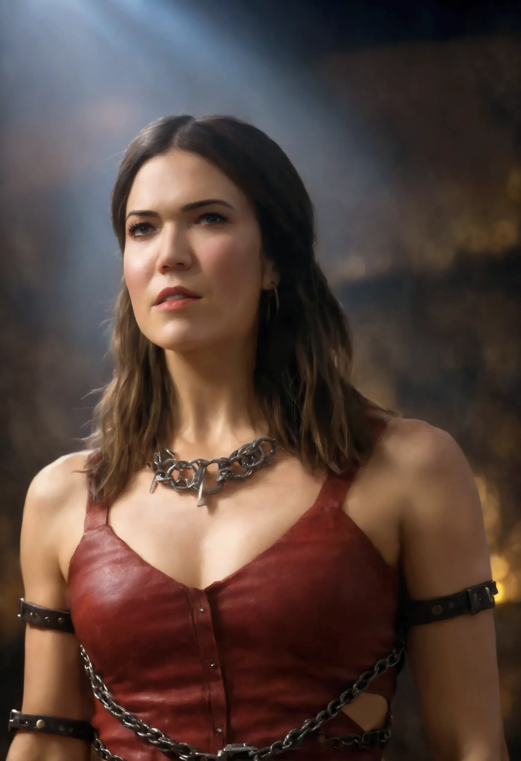 best quality, highres, 8k, masterpiece, photography, detailed midbody photorealistic portrait. Iron Fortitude calls forth Mandy Moore's inner queen of chains. Wearing a crimson leather bustier and matching shorts, she adorns herself with heavy iron cuffs a...