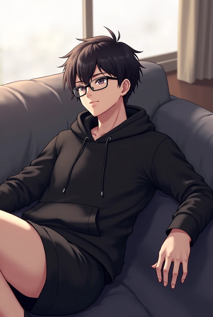 Handsome anime guy, eye glasses, black outfit, hoodie, shorts, ankle socks, legs raised up, lying down on a sofa 