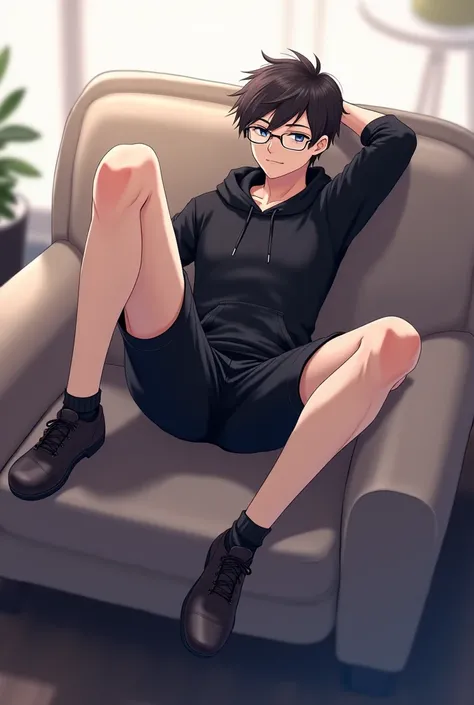 Handsome anime guy, eye glasses, black outfit, hoodie, shorts, ankle socks, legs raised up, lying down on a sofa 