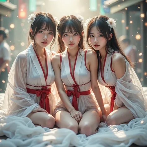 Exposed Open Gigantic Cleavage, CoveredNipple without Bra, Transform into 8K UltraDetailed Live-Action, Photorealistic, ExtremelyDetailed Professional Photography of KAWAII FUNDOSHI Girls at HAKATA GION YAMAKASA, FullBody from below, MagicHour Miracle, Eth...