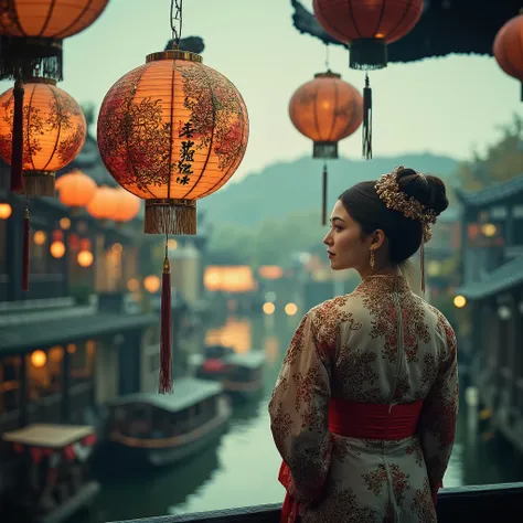 A chinese woman wearing traditional dress standing on a porch  among chinese new year's ornaments. Background a canal in Guilin, China with traditional houses and gondolas