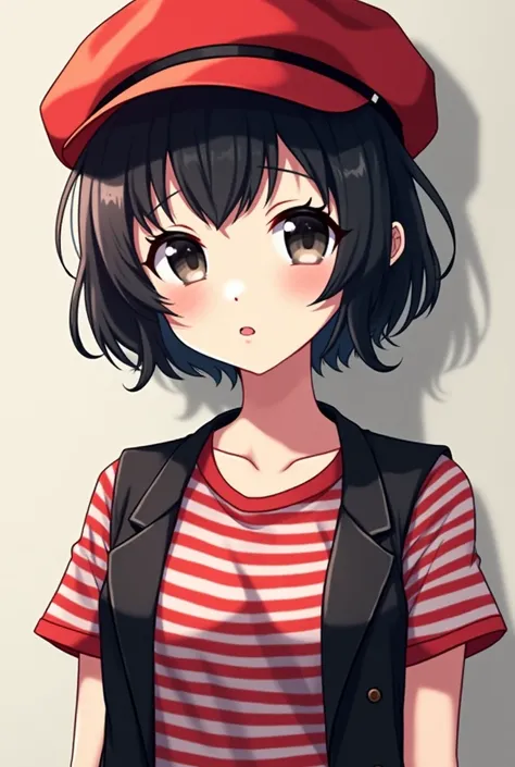  Female anime girl with pale skin black hair with layered cut and bangs , red hat red and white t-shirt and black vest  