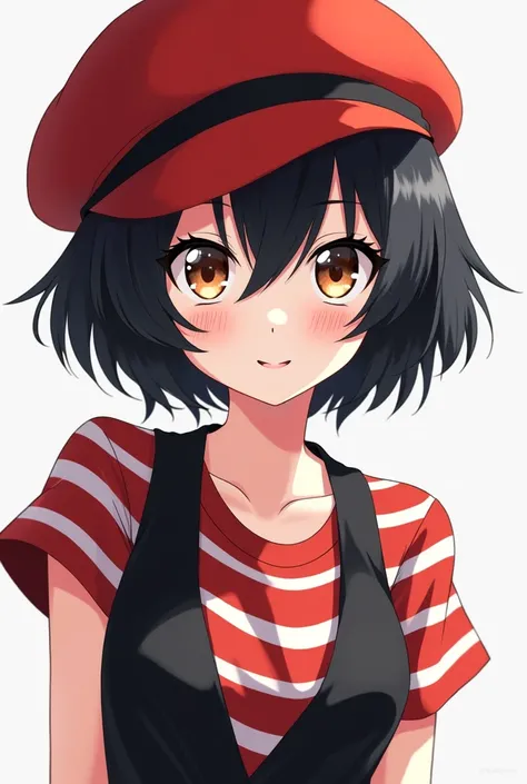  Female anime girl with pale skin black hair with layered cut and bangs , red hat red and white t-shirt and black vest  