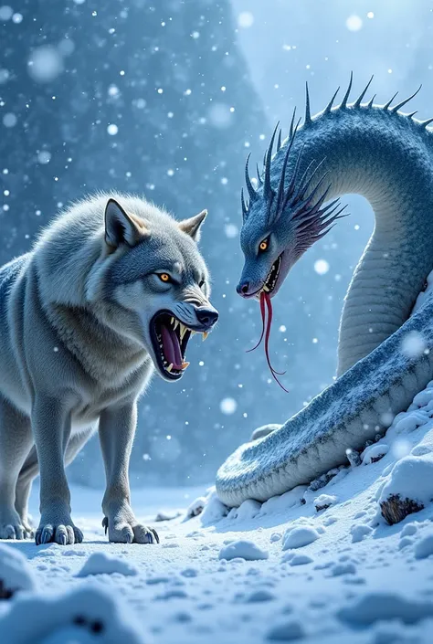 "A massive, battle-scarred wolf with thick, frost-covered fur snarls, its piercing eyes glowing in the icy night. Its breath turns to mist as it stands firm on the snowy ground, claws sinking into the ice. Opposite, a giant serpent with shimmering blue and...