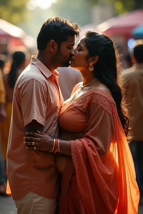 48 years South Indian aunty transparent saree with plus size in public with husband romance