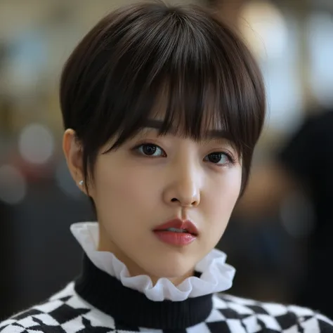 (very sad),(very disappointed),  An analog amateur photo of (see Frau:1) Image border , Park Bo Young,  A meticulous military Very extreme short pixie high fade haircut  ,  with sharp ,  clean edges and a seamless transition from skin fade on the sides to ...