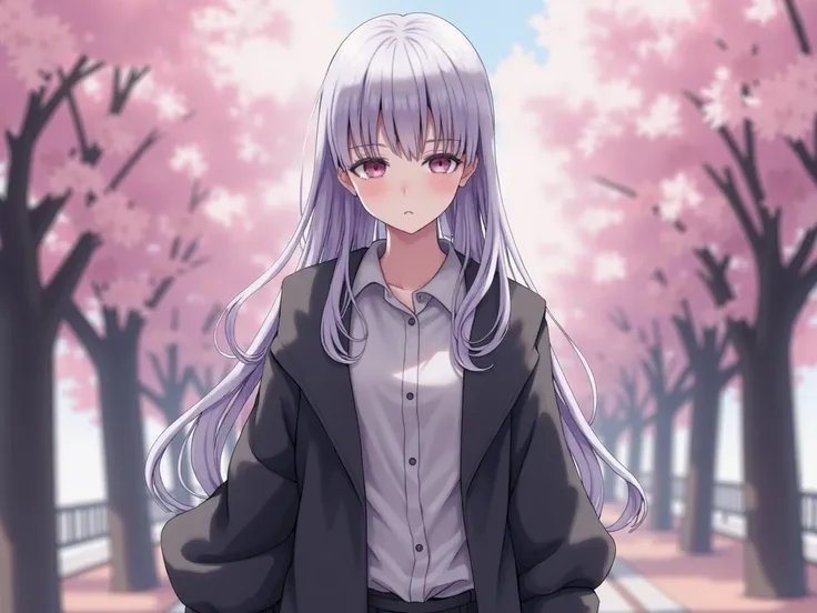 A young girl takes center stage in the picture，Natural silver hair falls naturally，The inside is wearing a white shirt，Black coat，crimson eyes，Don't miss the palm，Direct contextual vision，The background is two rows of cherry blossom trees at night