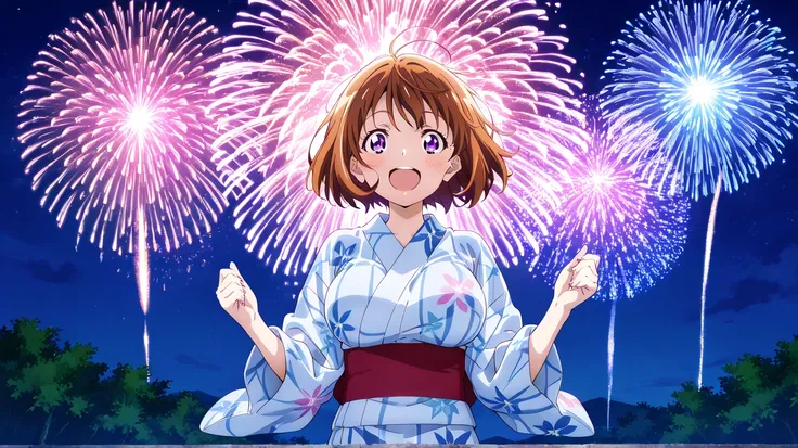  top quality, cute, girl,solo, short hair, blushes,  smiles,  open your mouth slightly,  purple eyes , firework,Big Breasts,yukata,excited, high resolution,  ultra high definition,  Hair