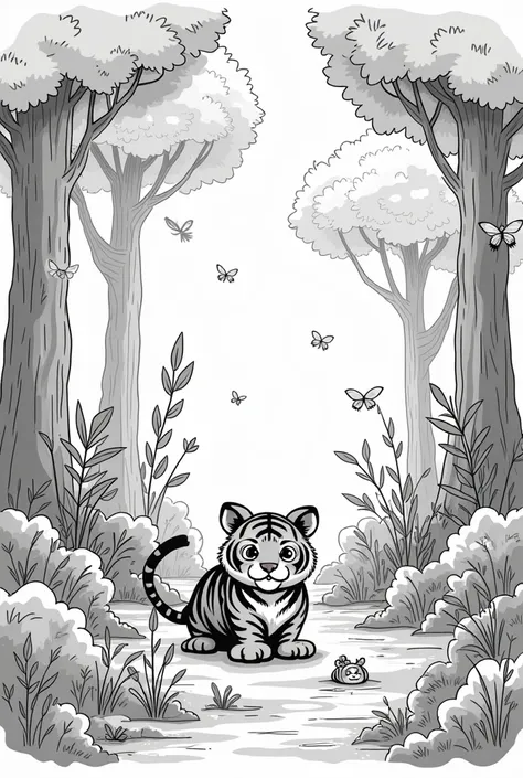 create an image of a chubby little tiger in the forest cartoon style with different scenarios in separate photos. Thick lines without color the photo must be WHITE.