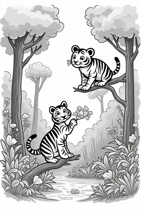 create an image of a chubby little tiger in the forest cartoon style with different scenarios in separate photos. Thick lines without color the photo must be WHITE.