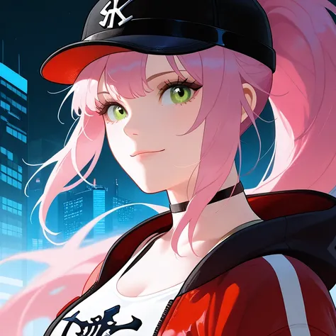 white woman with long pink hair, Black sport cap with red details, green eyes and a slightly square shaped face, light smile, wearing a New York Yankees Black and red jacket and a white tank top, she is in a night city with colorfull paints backhround. is ...