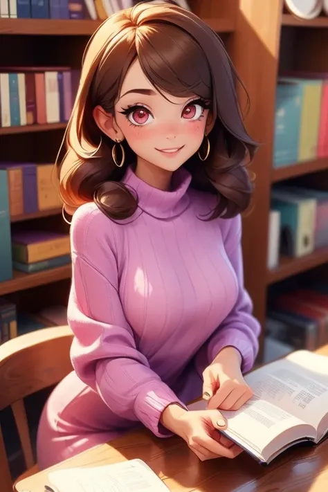 Perfect face. Perfect hands. A brown haired woman with red eyes with an hourglass in a cute purple sweater dress is smiling while sipping tea in a library