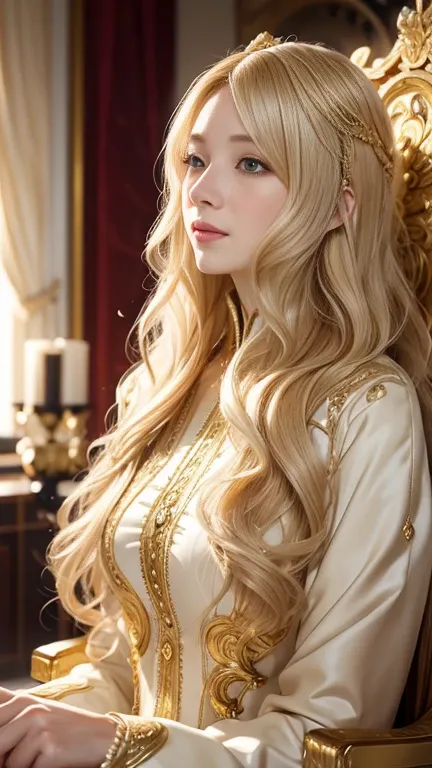 woman wavy blond hair, luxurious mask ,gold trim, gentle soft light, soft focus 