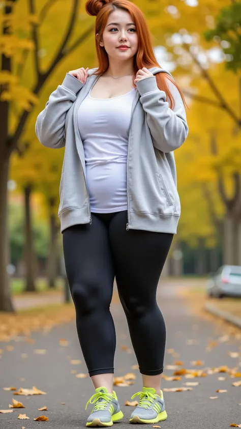 8k, masterpiece, highest quality, Korea's plus-size woman Full shot,  red hair, updo, hands in motion, light gray hoodie, white shirt, black leggings, Adidas logo, neon yellow and gray Adidas sneakers, outdoor setting, autumnal foliage, yellow and orange l...