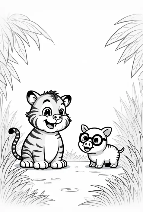 create an image of a chubby little tiger in the jungle playing with a chubby little pig wearing cartoon style glasses with different scenarios in separate photos. Thick lines without color the photo must be WHITE.