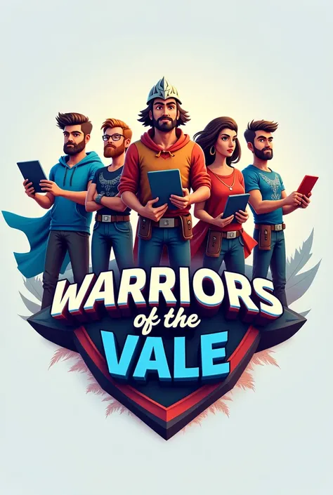  A vibrant and captivating logo for the group 'Warriors of the Vale' ,  represented as a 3D illustration in Pixar or Disney style .  The design must include a stylized emblem with modern warriors holding digital devices, such as notebooks and smartphones ,...