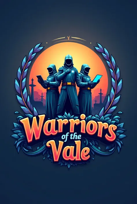  A vibrant and captivating logo for the group 'Warriors of the Vale' ,  represented as a 3D illustration in Pixar or Disney style .  The design must include a stylized emblem with modern warriors holding digital devices, such as notebooks and smartphones ,...