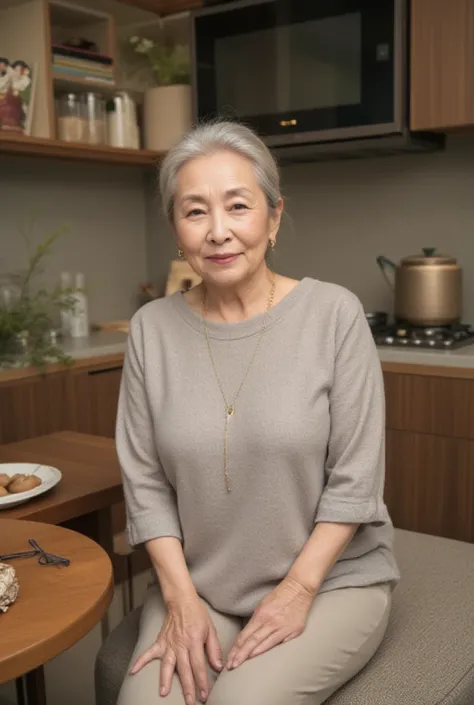 Elderly Thai Woman in a Modern Urban Setting with a Warm and Wise Presence  
Medium Close-Up Shot, straight-on angle  
Subject: A 75-year-old Thai woman with a petite but strong build. Her pure white hair is neatly tied into a low bun, with a few loose str...