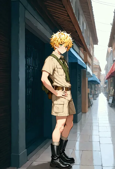 1boy, solo, shine tan skin, yellow hair, short messy hair, tear, khaki boyscout uniform, green eyes, shopping street, wooden buildings, western america, masterpiece, best quality, cinematic lighting, black boots