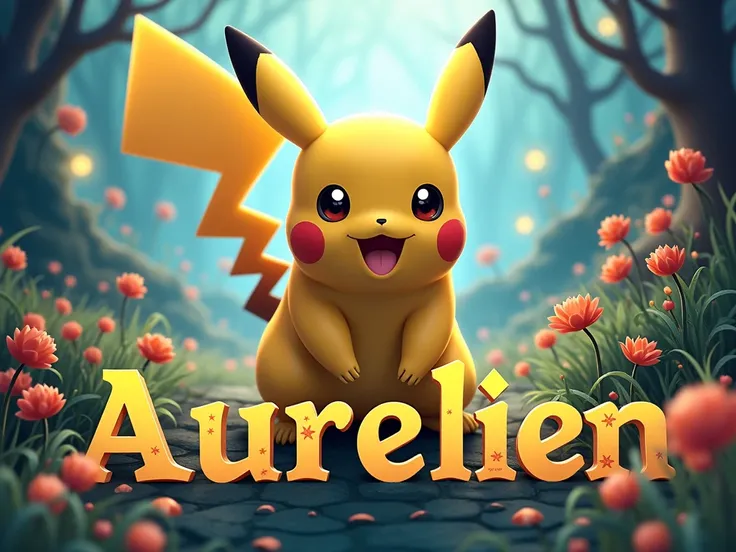  Créer une affiche 4k, ultra détaillé avec écriture lettre par lettre "AURÉLIEN".  Dans un style Disney 4D .  L'écriture doit être clairement visible .
 Thème   pikachu .