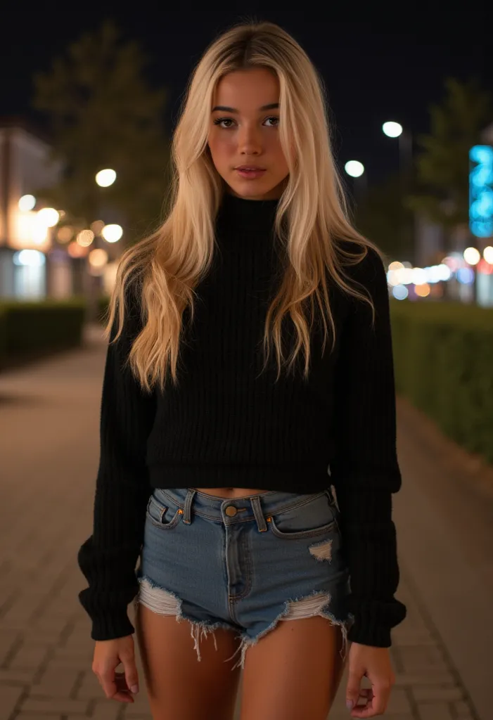   Cute beautiful slender blonde with big lips  , freckles,  blue eyes, with long straight hair and bangs in a short black sweater with a collar covering the neck, In black tights,  t-shirt in short denim shorts , wearing black high-heeled ankle boots and p...