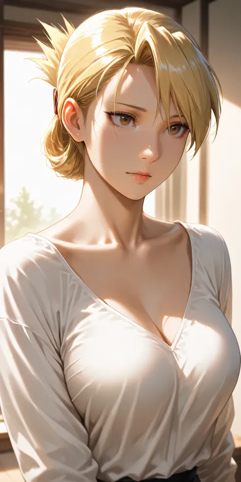 Masterpiece, very aesthetic, vibrant, high contrast, mature woman, riza hawkeye, brown eyes, upper body, medium breasts, white colllared shirt, collarbone, best quality, home, semrealistic, fullmetal alchemist art style