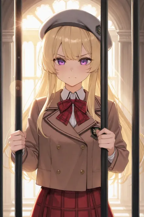 1 girl, blonde, long hair, purple eyes, strong face, school uniform, gray beret, brown jacket, red check skirt, upper body, iron bars, in front of the mansion, sunlight,Lens flare,