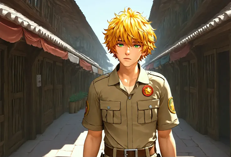 1boy, solo, shine tan skin, yellow hair, short messy hair, tear, khaki boy scout uniform, green eyes, shopping street, wooden buildings, western, rural, masterpiece, best quality, cinematic lighting, black boots, 3d