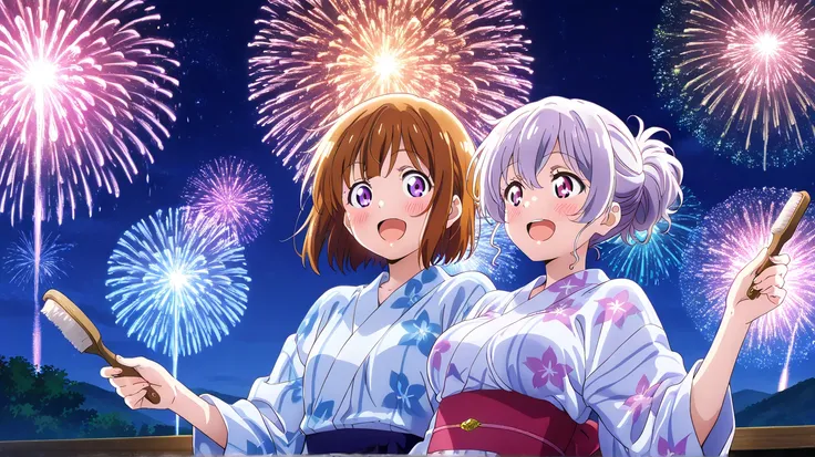   top quality ,  cute,  girl,Alone,  short hair, Brush,  smile,   open your mouth slightly,   purple eyes  , firework, big breasted with a cross eye,yukata, was excited,  high resolution,   ultra high definition,  hair,I'm spoiled by my boyfriend,blush, I'...