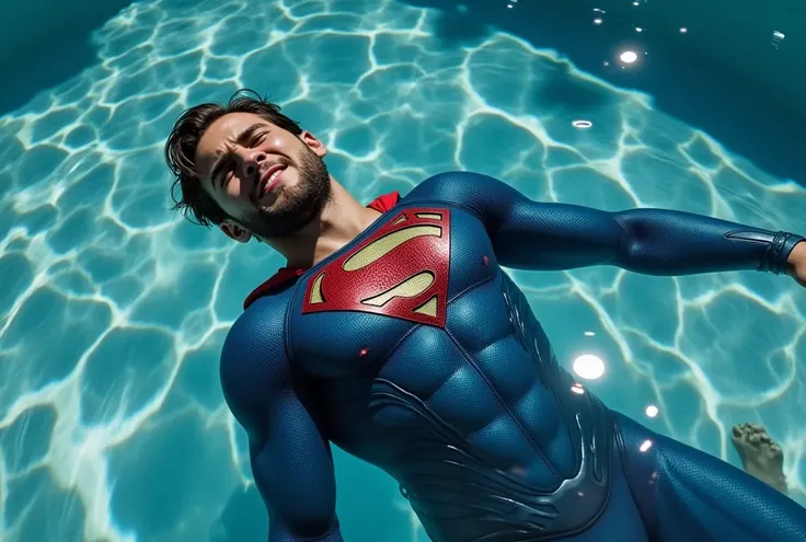  A man dressed in a blue superhero costume with an emblem of 'S' in the chest, floating on his back in a pool.  His body is submerged in water up to the chest, He has, light skin, pained facial expression, almost unconscious.  His posture conveys calm and ...