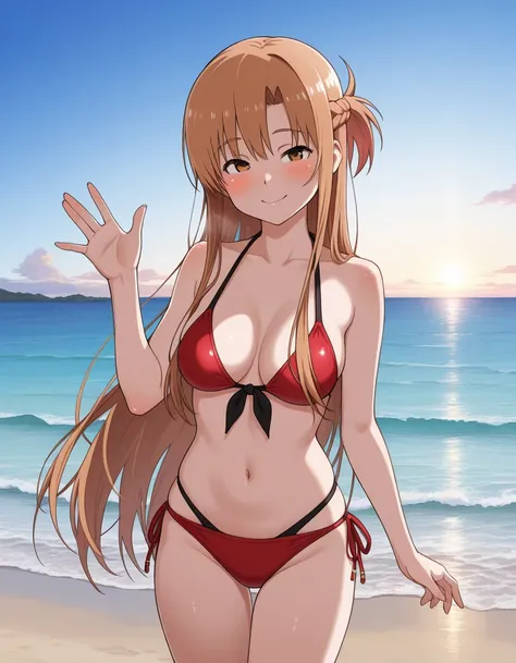 masterpiece, best quality, amazing quality, very aesthetic, absurdres, newest, scenery, 1girl, solo, asuna_torajiro, asuna (SAO), long hair, bangs, brown hair, brown eyes, very long hair, braid, bikini, cowboy shot, sea, beach, sky, smile, waving