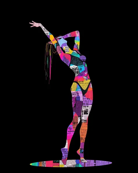 flat design, Negative Space Art, Optical Art. artistic graphic design, Black Background, Negative space in the form of a dancing woman's body in a leotard, Negative space is Psychedelic collage of newspaper articles in Iridescent neon. flashdance,  masterp...