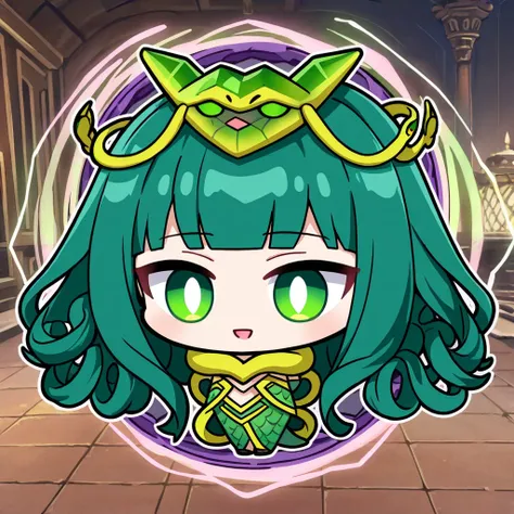 ( chibi), Medusa's variant,
 mysterious in another dimension,  beautiful but terrifying Medusa ,  emerald green scales , Shining eyes, The snake with the hair moves , Marble Temple