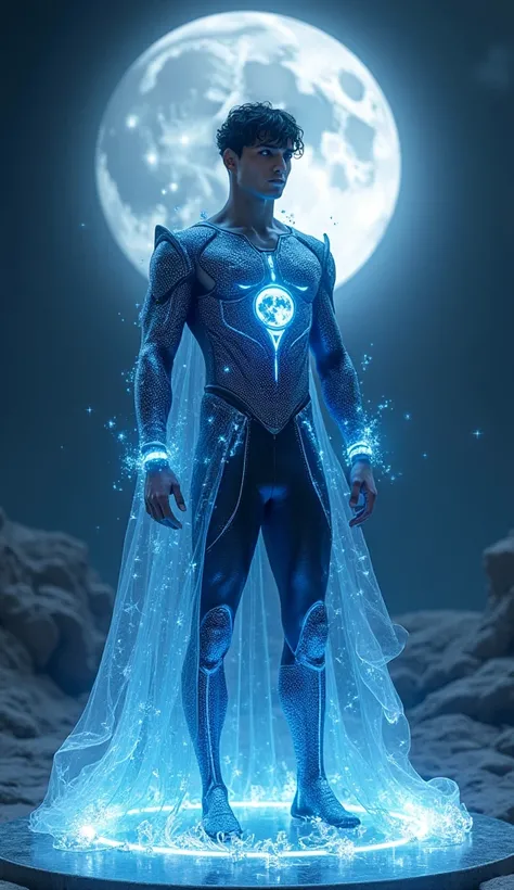 Full body photorealistic handsome hunky young slender futuristic Atlantean male hero with black hair wearing a blue micro scale textured costume and lunar armor ., with embosed moon print on the front of the chest,,,, and wristbands that  manipulate energy...